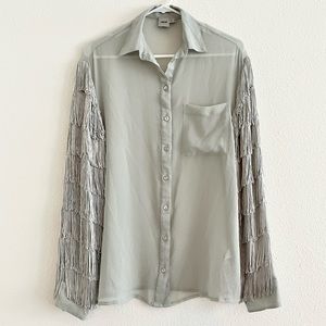 ASOS Sheer Gray Fringe Long Sleeve Button Down Blouse Size 4